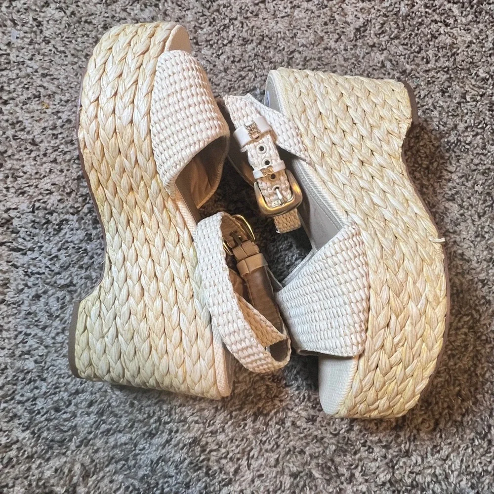 Sam Edelman Women Cream Woven Raffia Platform Wedge‎ Espadrille Sandals Size 10